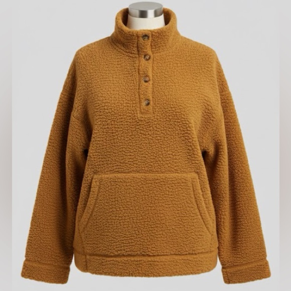 Aerie Teddy Sherpa Fleece Pullover with Buttons Brown Gold Cozy Size XS - Picture 1 of 5